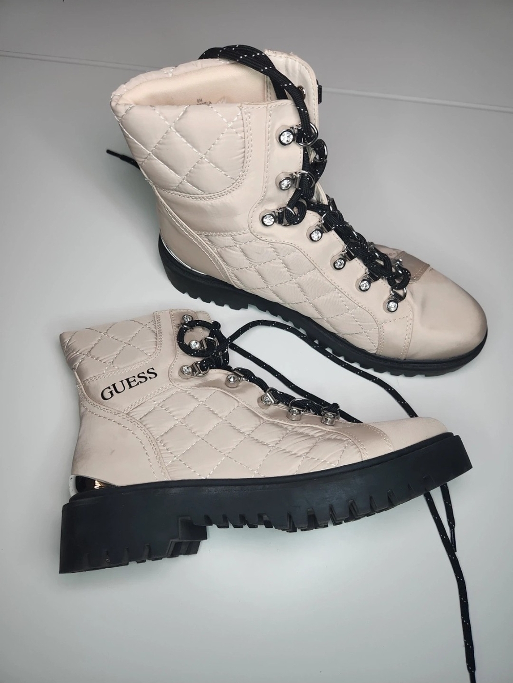 GUESS Quilted Cream Lace-Up Combat Boots